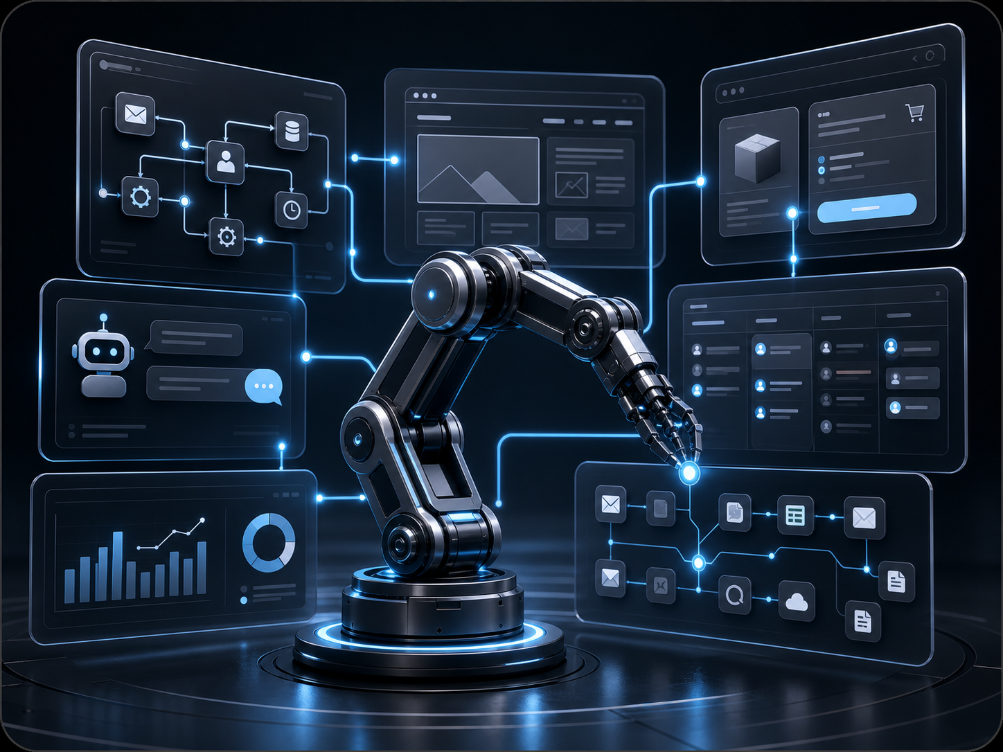 AI automation workflow dashboard connecting CRM, ecommerce, website, and analytics systems